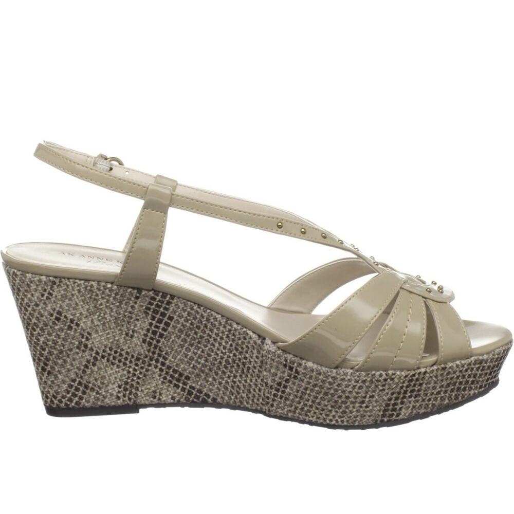AK Anne Klein IFlex Sandal Kathmandu 10 M Beige Patent Leather Platform Wedge - Picture 2 of 11